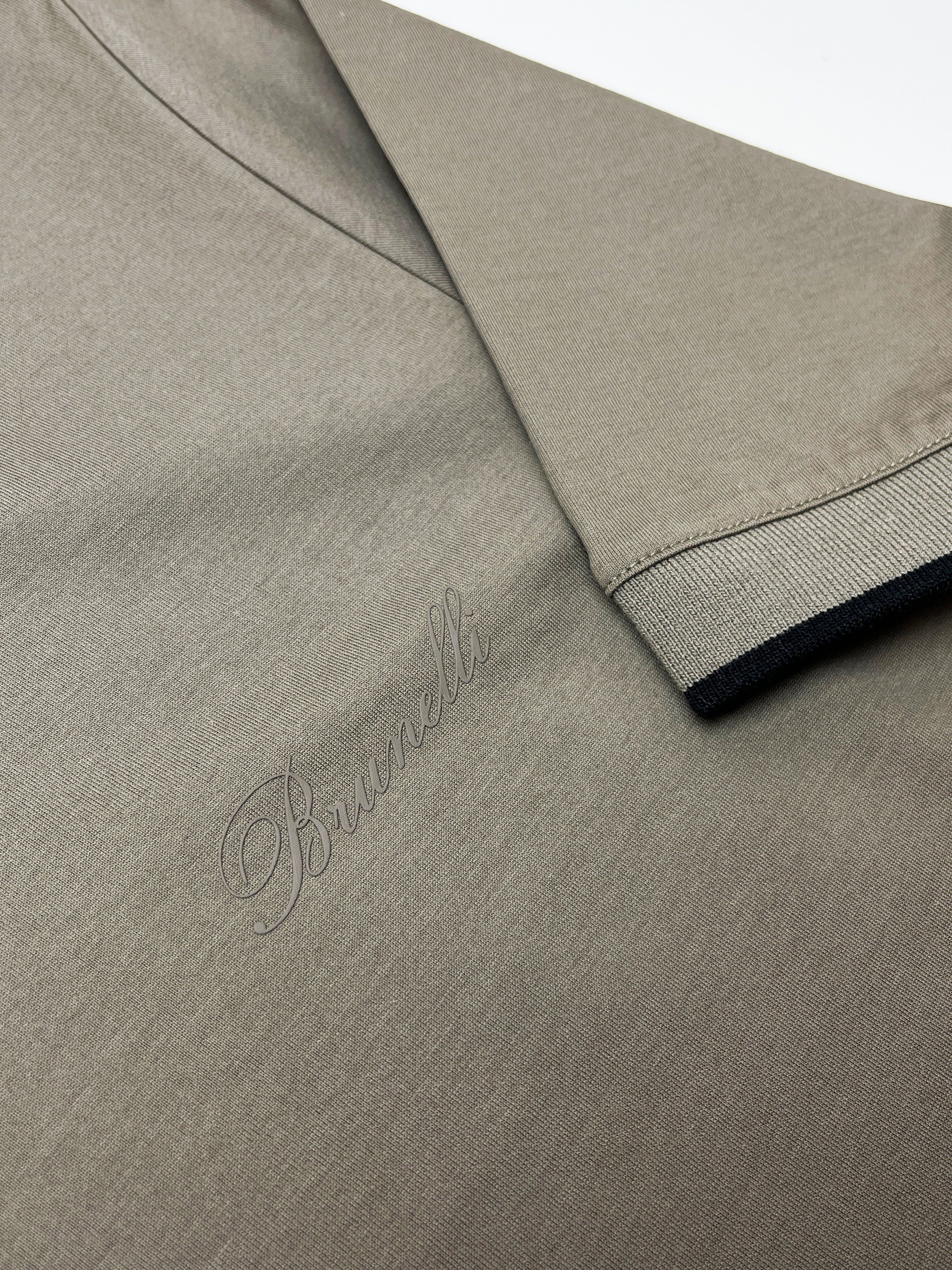 Taupe Mercerised Cotton T-Shirt with Contrast Rib Detail