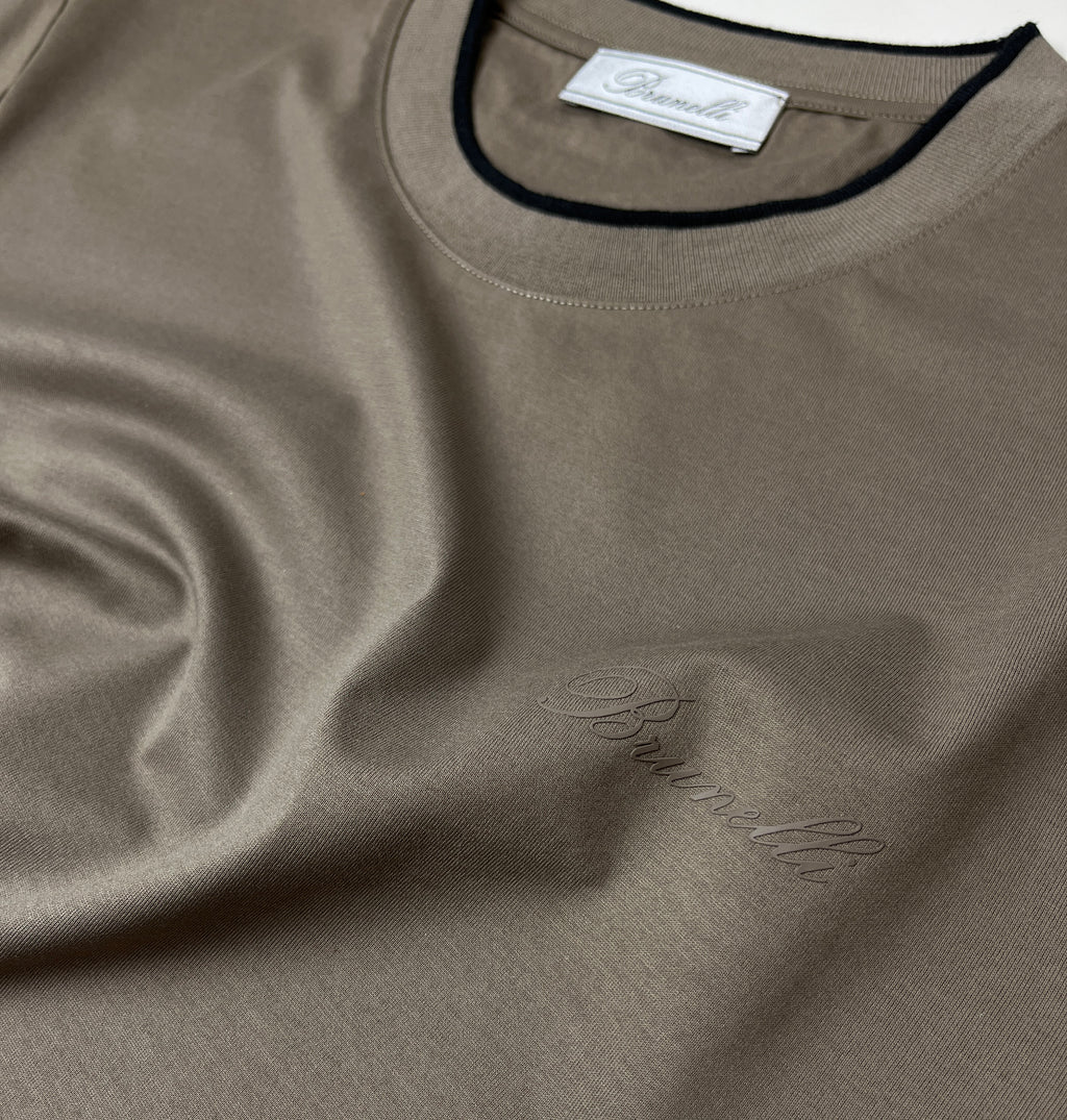 Taupe Mercerised Cotton T-Shirt with Contrast Rib Detail