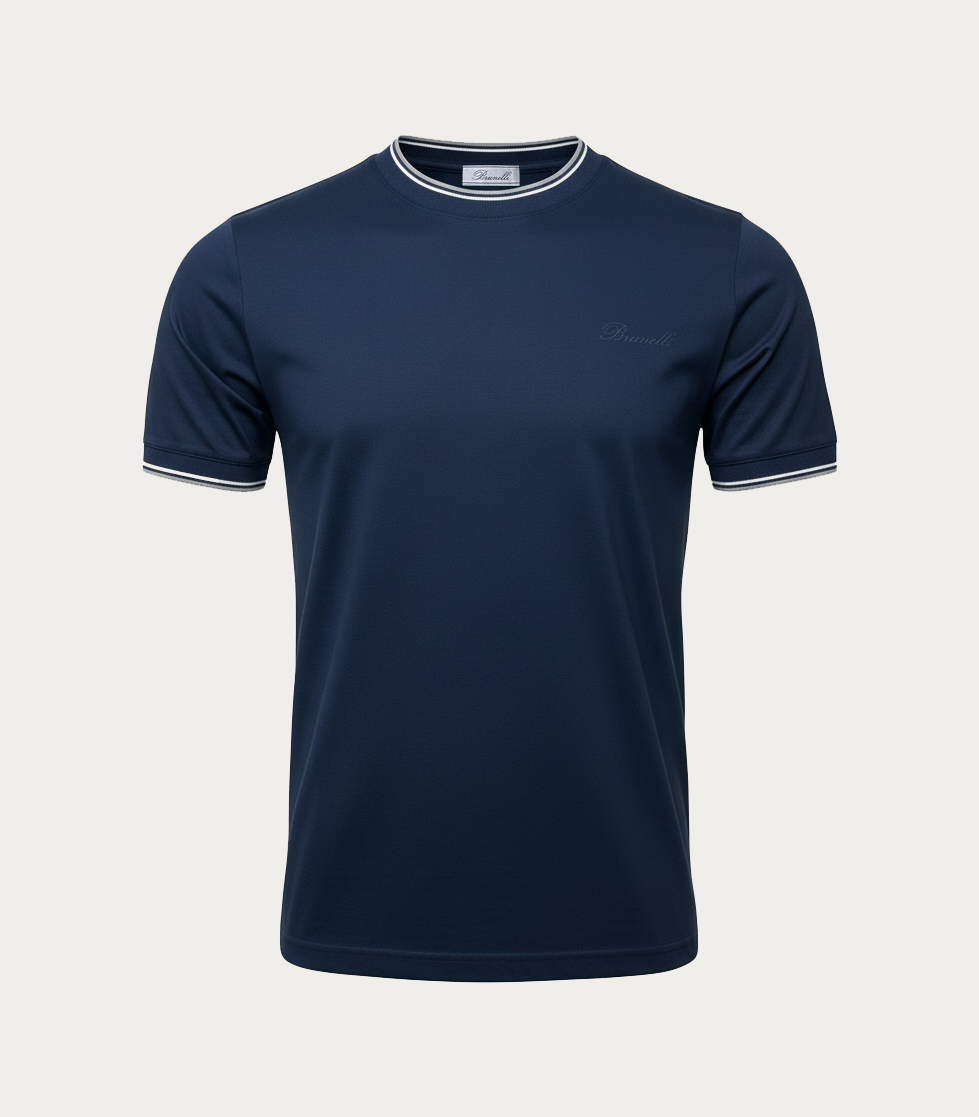 Dark Navy Mercerised Cotton T-Shirt with Striped Rib Details