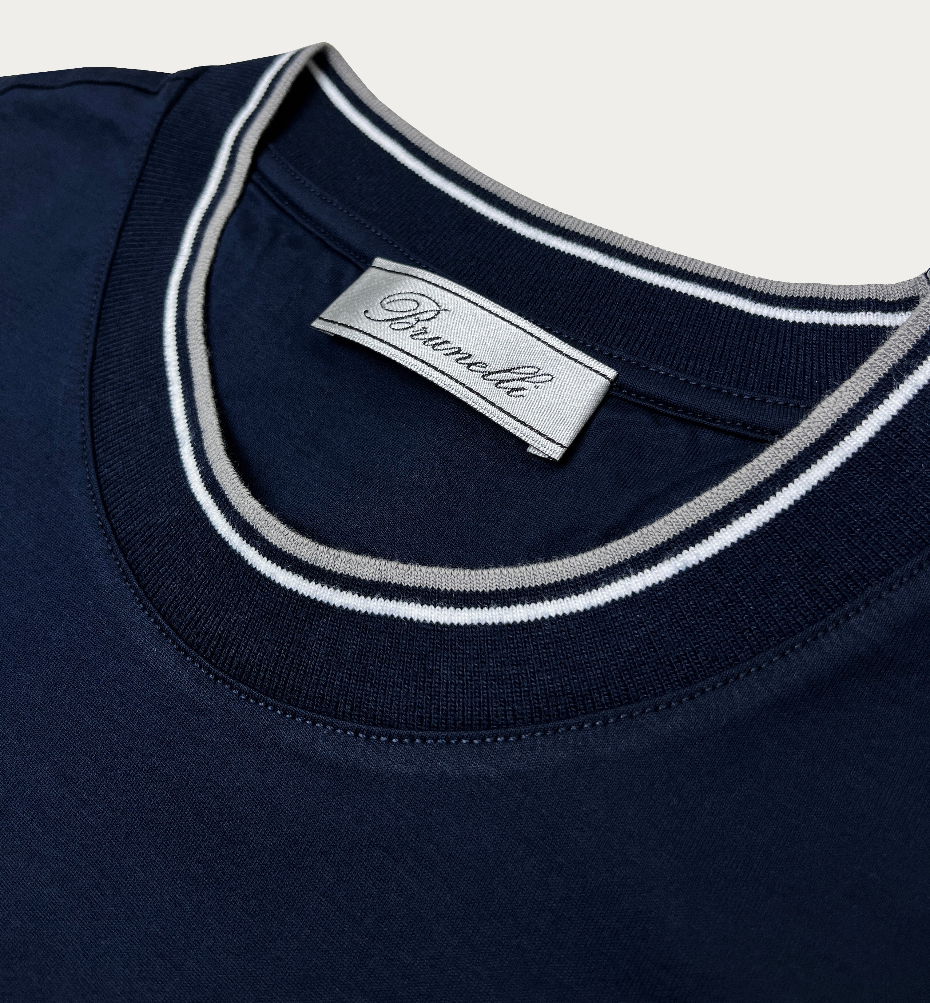 Dark Navy Mercerised Cotton T-Shirt with Striped Rib Details