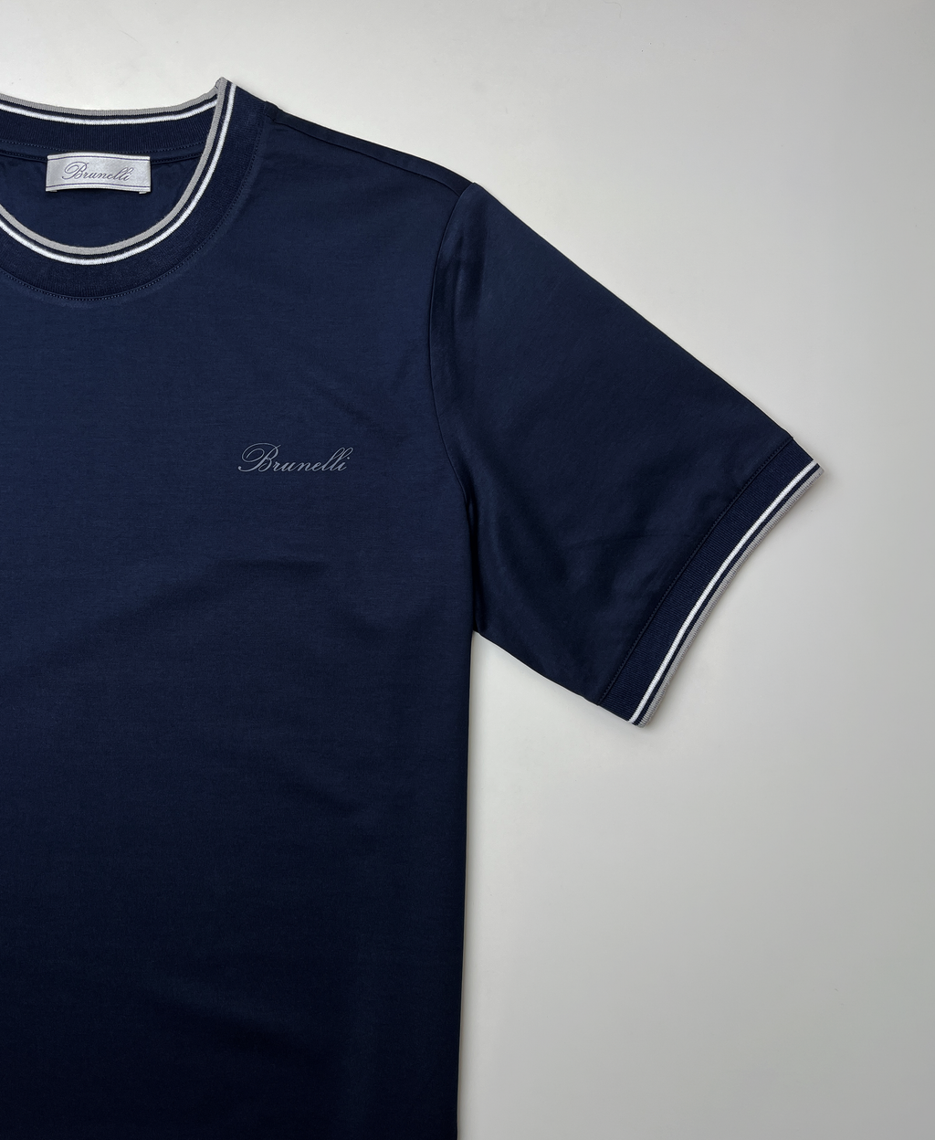 Dark Navy Mercerised Cotton T-Shirt with Striped Rib Details