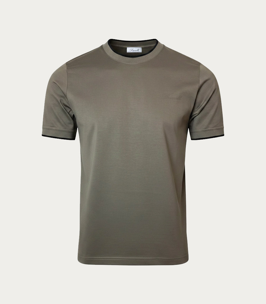 Taupe Mercerised Cotton T-Shirt with Contrast Rib Detail