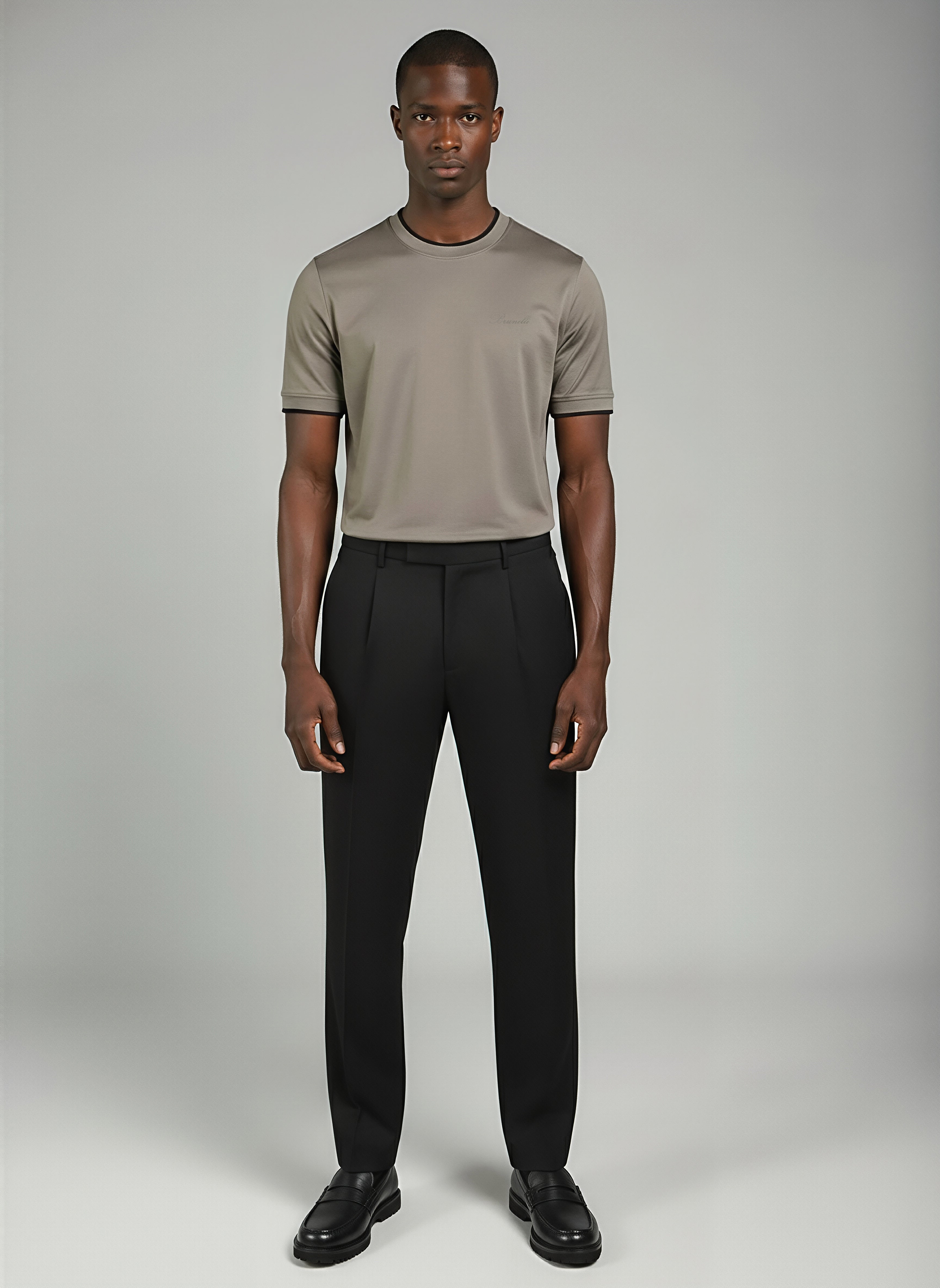 Taupe Mercerised Cotton T-Shirt with Contrast Rib Detail