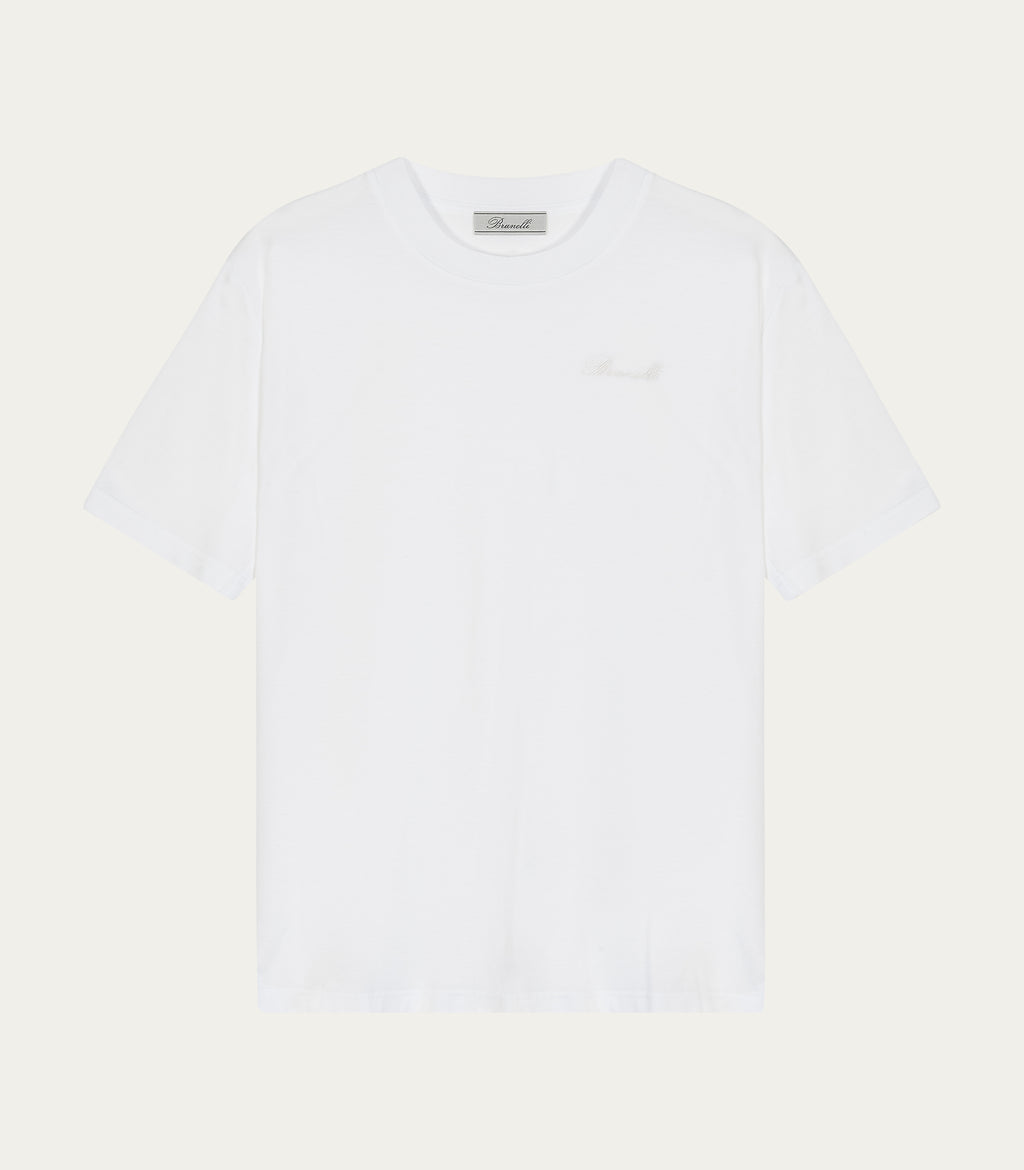 White Mercerised Cotton Embroidered T-Shirt